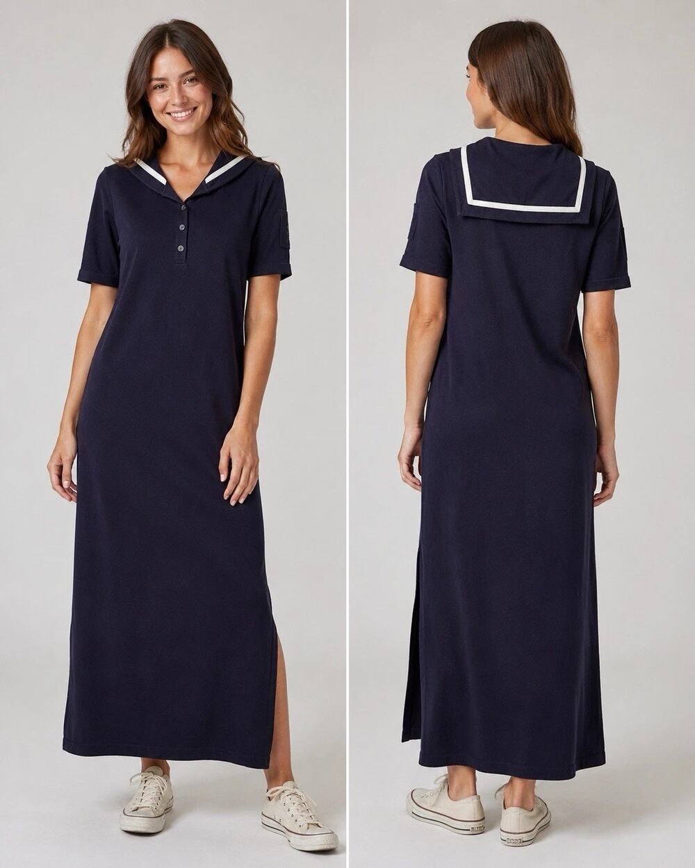 VTG Lauren Ralph Lauren Old Money Marine Ribbed Knit Cotton Maxi Dress Navy S
